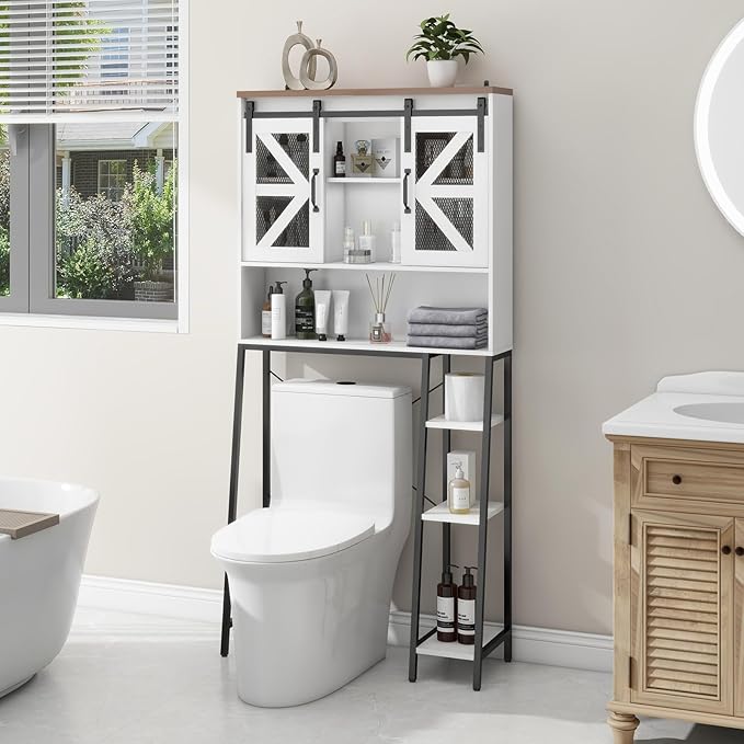 Vabches Over The Toilet Storage Cabinet, Farmhouse Storage Cabinet Over Toilet with Sliding Barn Door，Home Space-Saving Toilet Rack, for Bathroom, Restroom, Laundry