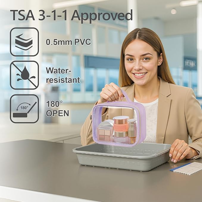 PACKISM Clear Makeup Bag - 2 Pack TSA Approved Toiletry Bag with Handle and 180° Large Opening, Sturdy Clear Toiletry Bag Fit Carry-on Travel Essential, Travel Bags for Toiletries, Purple