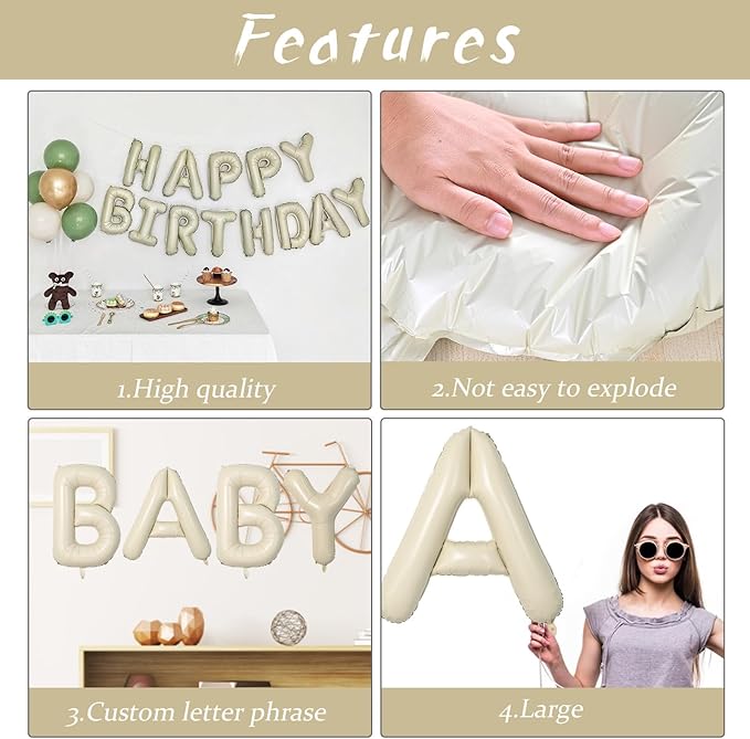 Biapian 40 Inch Letter J Balloons, Giant Cream J Foil Balloon, Big Single Alphabet A-Z Balloons, Beige Large Aluminum J Balloons Helium for Birthday, Baby Shower, Wedding, Anniversary Party Decoration