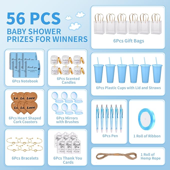56Pcs Baby Shower Prizes for Game Winners Baby Shower Favors Gifts including Plastic Tumbler Notebook Scented Candles Ballpoint Pen Mirrors with Hair Brushes Bracelet Gift Bag (Blue)