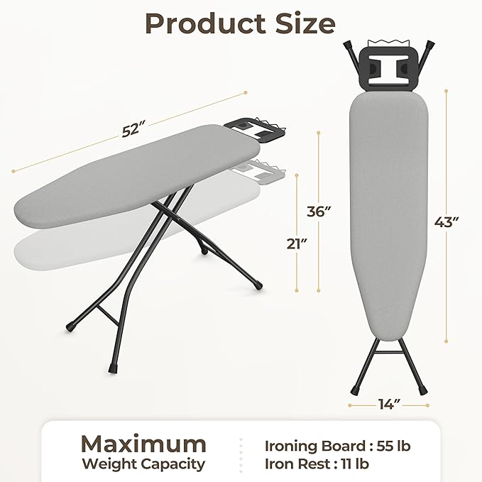 Yaheetech Foldable Ironing Board, Heavy Duty Iron Board with 9 Adjustable Heights, 4 Layer Cover and Safety Iron Rest, 52X14 Compact and Space Save Iron Board for Home Laundry Room Use, Gray