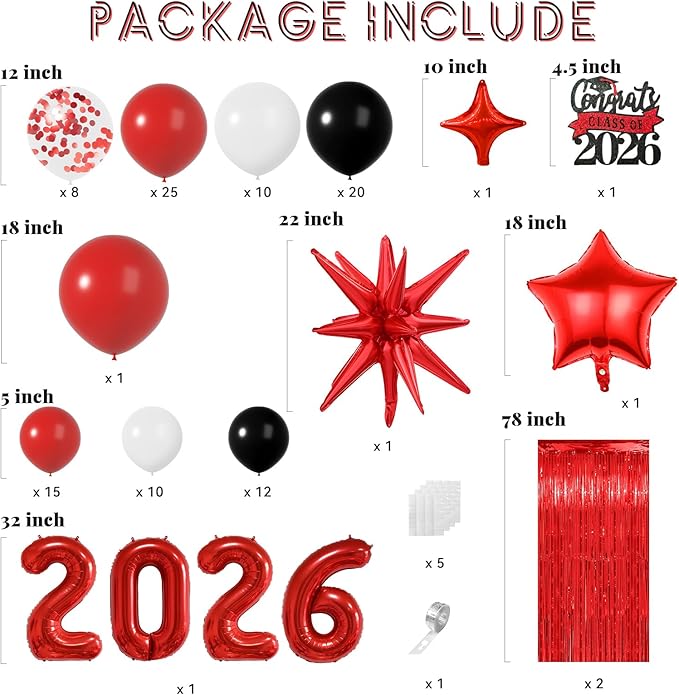 Graduation Balloon Arch Kit 2026 Graduation Party Decorations, Different Sizes 5 12 18 Inch Red Black Graduations Balloons Arch with Class of 2026 Cake Toppers, Fringe Curtain, Star & 2026 Balloons