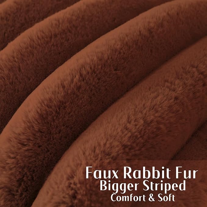FUTEI Rust Decorative Throw Pillow Covers 22x22 Inch Set of 2, Square Soft Faux Rabbit Fur Big Striped Cushion Cover,Home Decor for Couch Sofa Bed Living Room