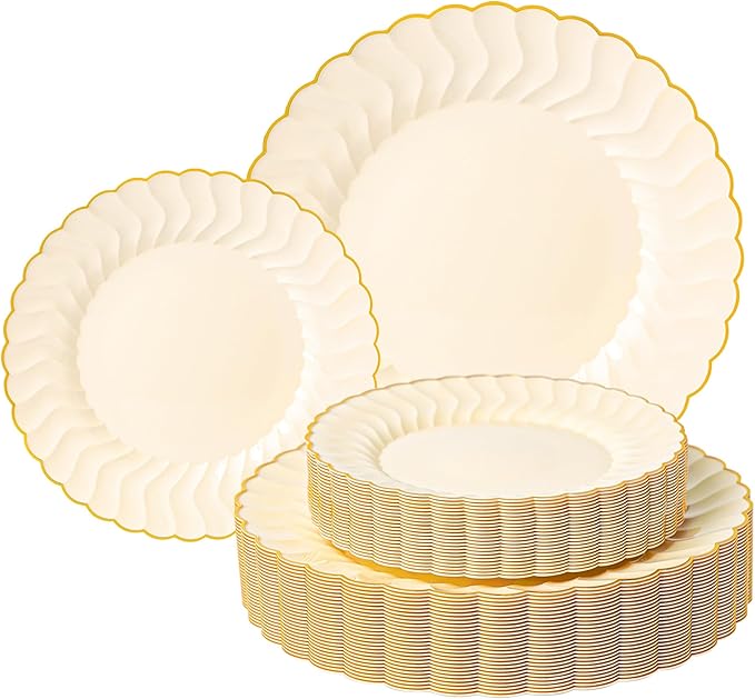 Lullaby 60PCS Light Yellow Scalloped Plastic Plates, Disposable Elegant Plates Include 30pcs Dinner Plate 10.25", 30pcs Plastic Dessert Plate 7.5", Perfect for Wedding and Party