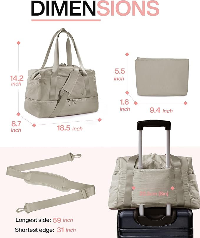 Weekender Bags for Women, BAGSMART Travel Duffel Bags with Shoe Compartment,Personal Item Travel Bag for Airlines, Carry on Overnight Tote Bag with Toiletry Bag(Beige,2pcs)
