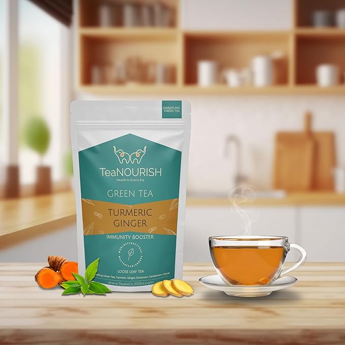 TeaNOURISH Turmeric Ginger Green Tea | Darjeeling Loose Leaf Tea | Blended with Indian Turmeric, Ginger & Cinnamon | 100% NATURAL INGREDIENTS - 3.53oz/100g (Pack of 2)