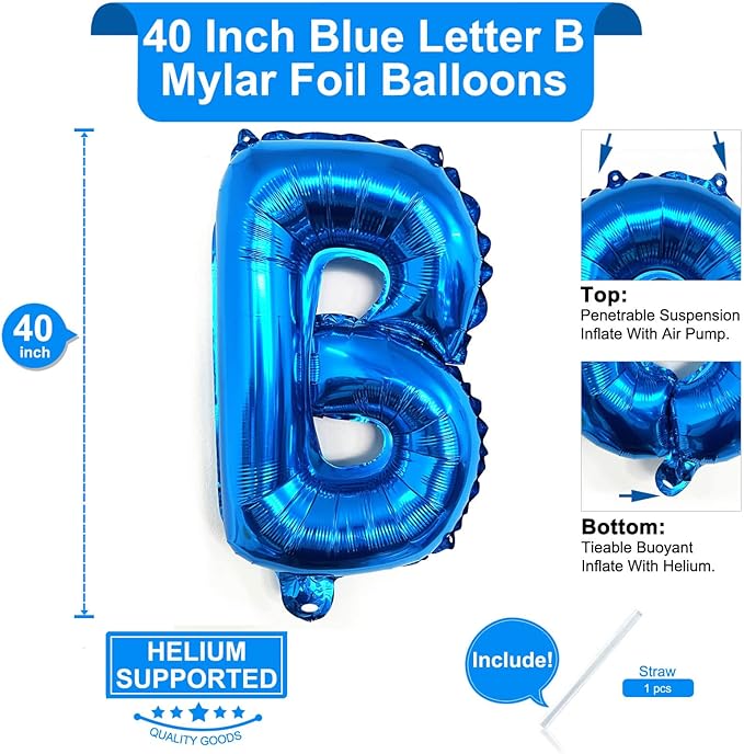 Lovoir 40 Inch Large Blue Letter B Balloons Big Size Jumbo Mylar Foil Helium Balloon for Birthday Party Celebration Decorations Alphabet Blue B