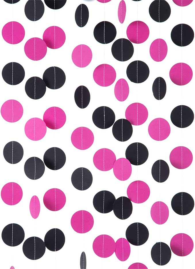 WEVEN Hot Pink and Black Paper Garland Circle Dot Party Banner Streamer Backdrop Hanging Decorations, 2" in Diameter, 3 pcs, 30 Feet in Total