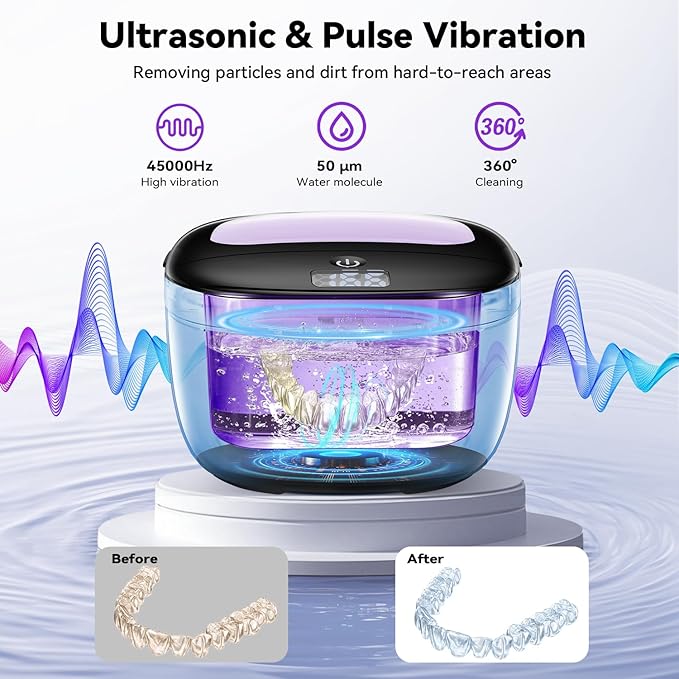 Ultrasonic Retainer Cleaner, 45kHz Dental Cleaning Pod for Dentures, Aligners, Night Guards & Jewelry, 150ML Denture Cleaner 2 Timed Modes & Travel Design