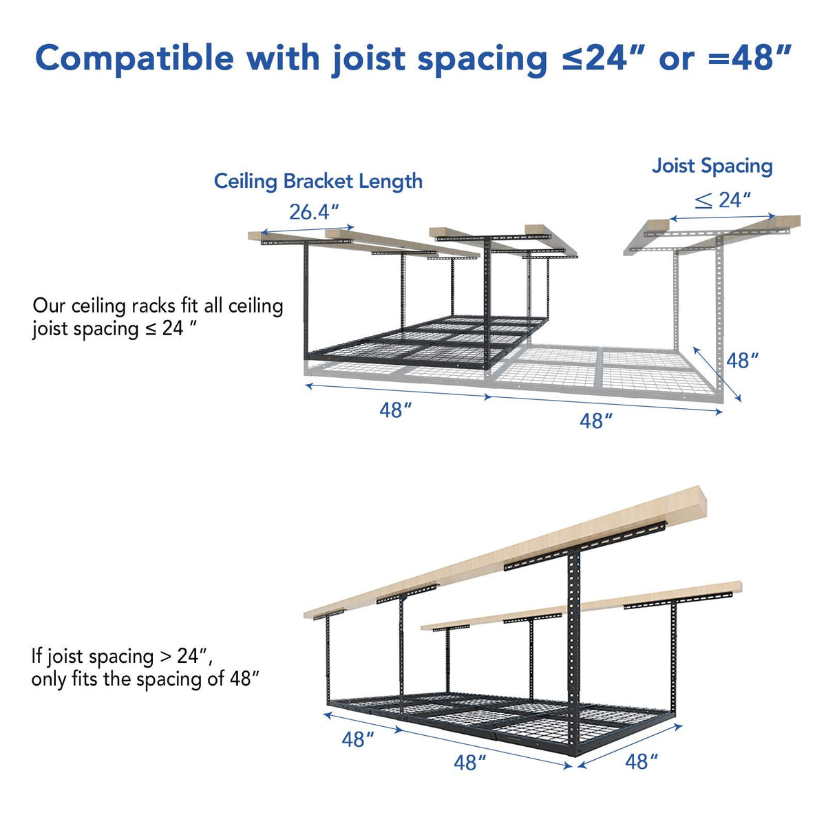 FLEXIMOUNTS 4x8 Overhead Garage Storage Rack, Adjustable Organization System, Heavy-Duty Metal Ceiling Racks, 750lbs Weight Capacity, Black, Classic Series