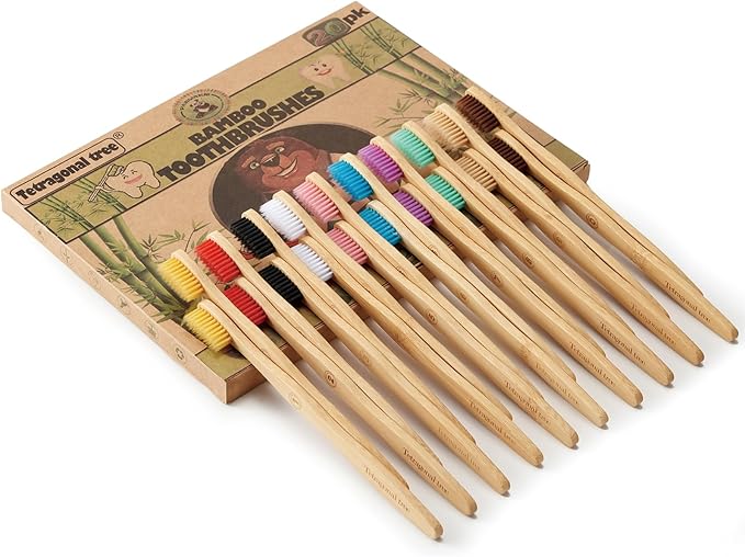 20 Count Bamboo Toothbrushes - BPA Free Soft Bristles Natural Toothbrush Set - Biodegradable & Compostable Eco-Friendly Wooden Toothbrush, Multicolor