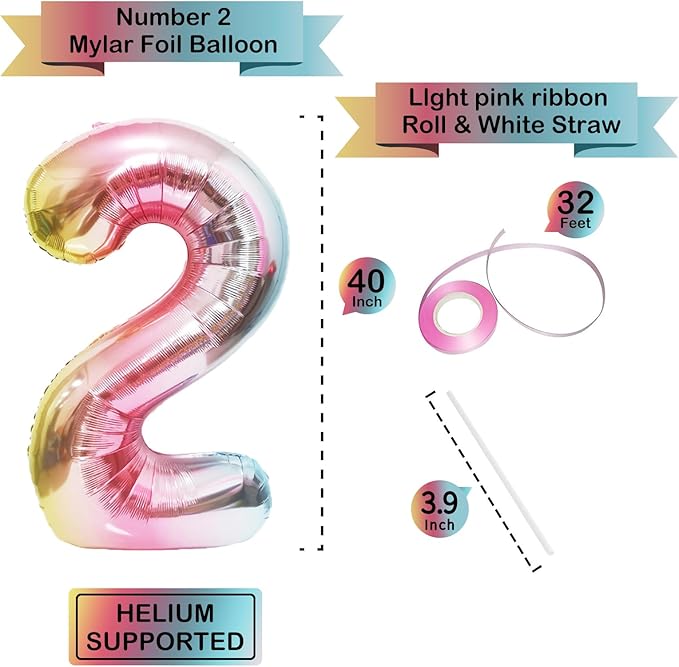 40 Inch Giant Rainbow Number 2 Balloons, Birthday Balloons, Helium Mylar Foil Big Number Balloons for Birthday Party Decorations, Kids' Birthday Anniversary Party Baby Shower Unicorn Parties