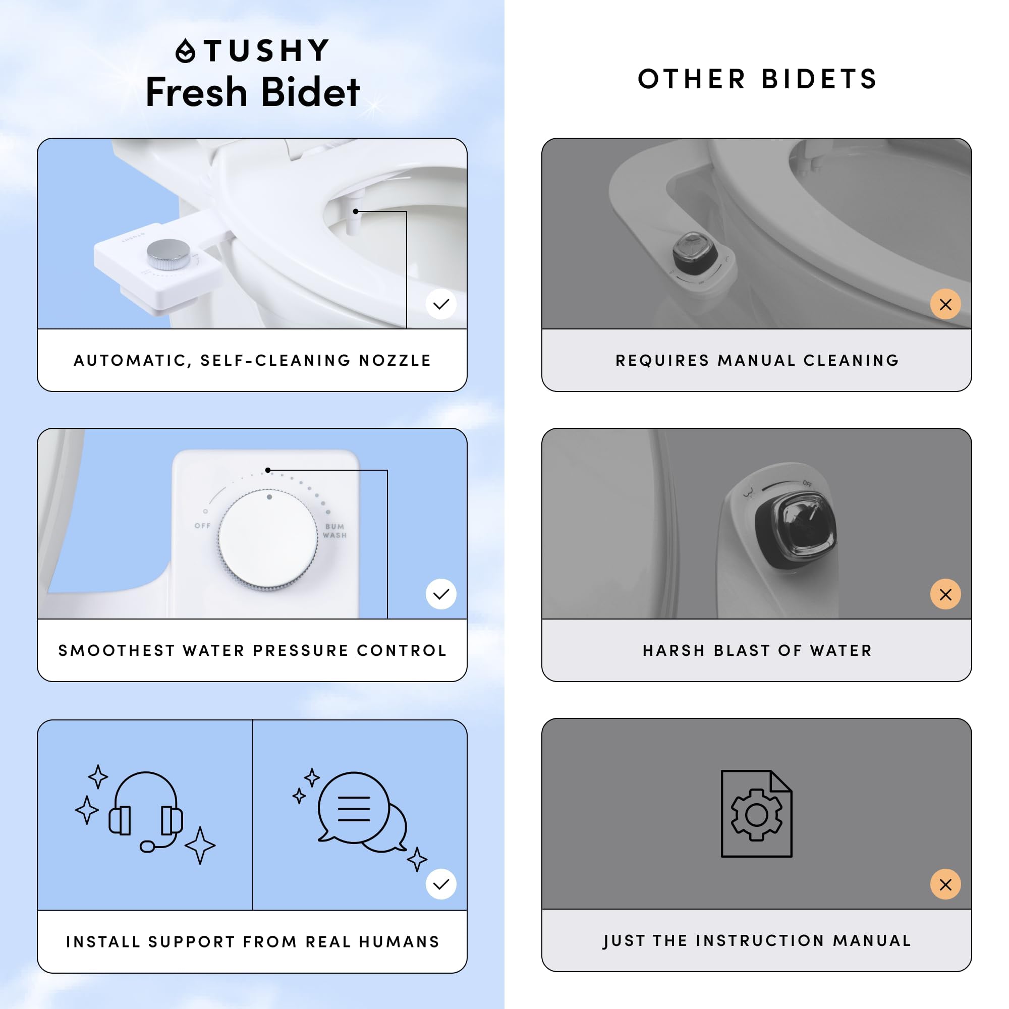 TUSHY Fresh Ultra-Slim Starter Bidet Attachment for Toilet | Non-Electric, Adjustable Water Pressure, Cool Water Rear Wash, Self-Cleaning | Fits Elongated & Round Toilets, Easy 10 Min Install, Bamboo