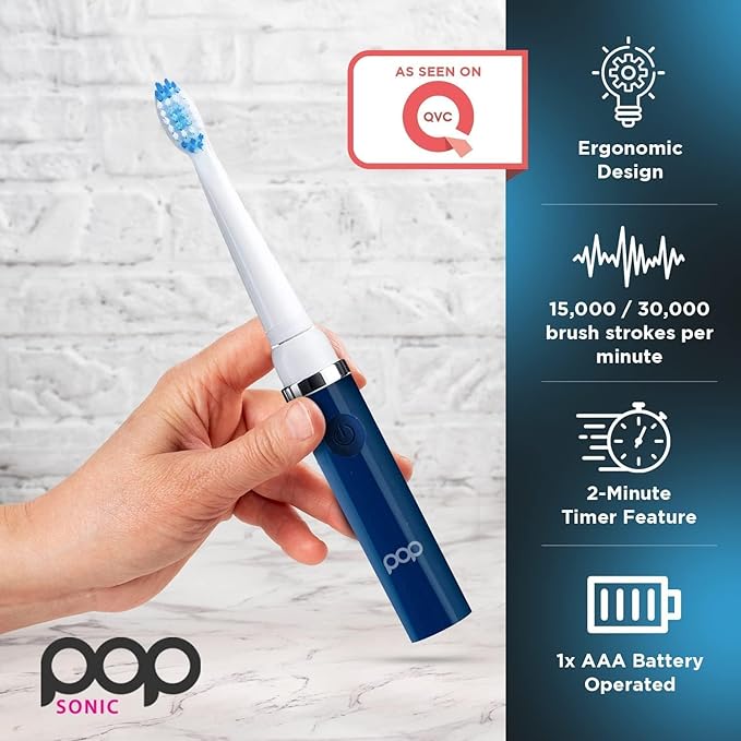 Pop Sonic Electric Toothbrush (Navy + 4 Brush Heads) - Travel Toothbrushes w/AAA Battery | Kids Electric Toothbrushes with 2 Speed & 15,000-30,000 Strokes/Minute, Dupont Nylon Bristles