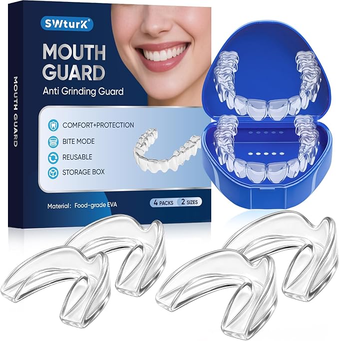 Mouth Guard for Clenching Teeth at Night, Mouth Guard for Grinding Teeth at Night, Comfortable & Reusable Adult Teeth Grinding Mouthguards for Sleeping, Includes 4pcs & 1 Travel Case