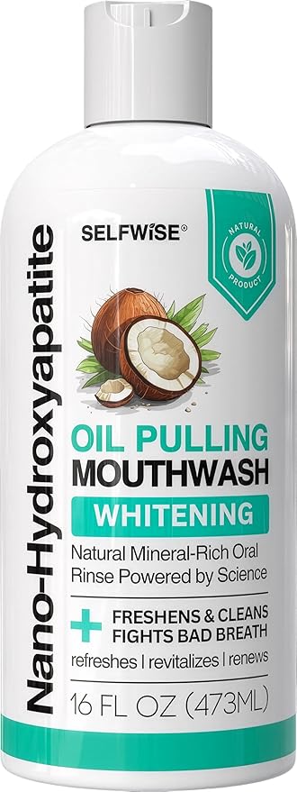 Nano-Hydroxyapatite Oil Pulling Whitening Mouthwash for Teeth and Gums, Natural & Organic, Whitens Teeth, Strengthens Enamel, Fights Bad Breath & Plaque – Smooth & Non-Greasy – for Adults - 16oz