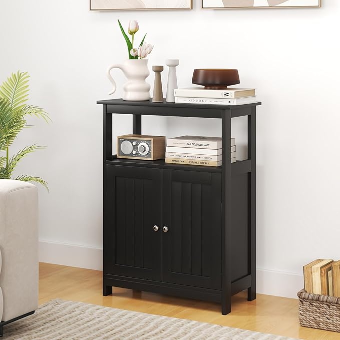 Tangkula Bathroom Storage Cabinet, Freestanding Floor Organizer with 2 Doors & 1 Adjustable Shelf, Modern Home Bathroom Furniture for Living Room Entryway Kitchen (Cabinet, Black)