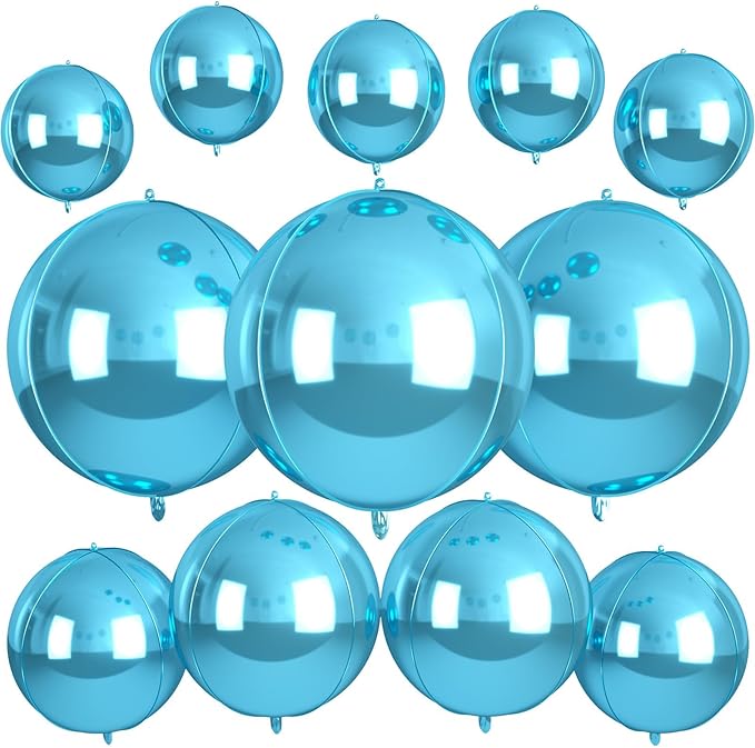 12Pcs Light Blue Round Balloons Foil, 22" 18" 15" 10" 4D Sphere Ball Balloon, Big Metallic Blue Balloons for Graduation Wedding Baby Shower Bridal Shower Birthday Party Decorations Supplies