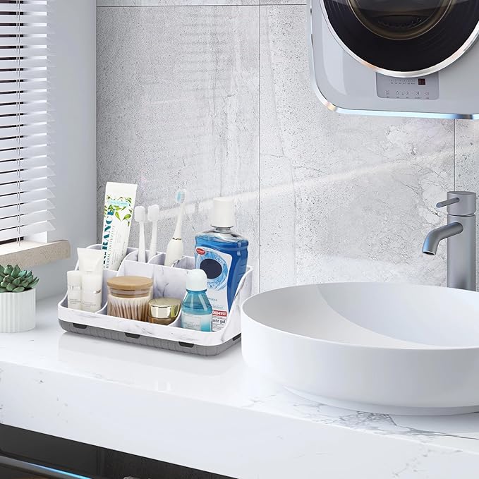 Marble Bathroom Countertop Organizer - Detachable 7 Slots Kids Electric Toothbrush and Toothpaste Holde Drainage for Bathroom Accessories Organization Counter Vanity Storage, Grey