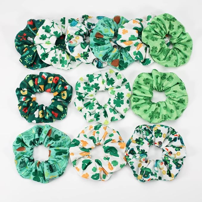 12pcs St Patrick's Day Hair Scrunchies Green Shamrock Leaves Leprechaun Hat Irish Hair Ties for Girls Women Soft Hair Accessories Gifts