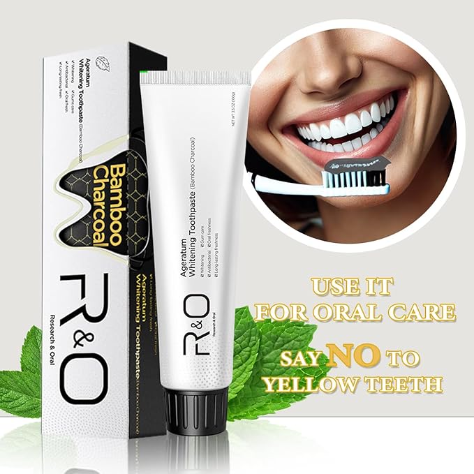 R&O Ageratum Whitening Toothpaste with Bamboo Charcoal, 3.53 oz - Removes Stubborn Stains, Great for Teeth Whitening, Reduces Plaque, Promotes Oral Health with Long - Lasting Fresh Breath (2 Tubes)