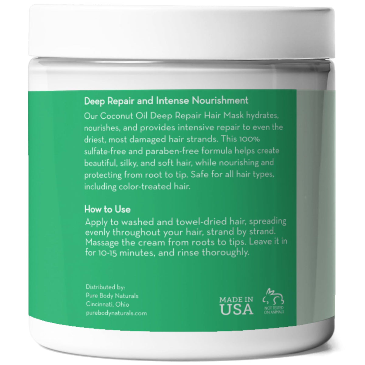 Pure Body Naturals Coconut Oil Hair Mask, Deep Conditioning Hair Treatment for Dry Damaged and Color Treated Hair, Sulfate Free Hair Conditioner, Moisturizes, Repairs, 8.8 Fl Oz
