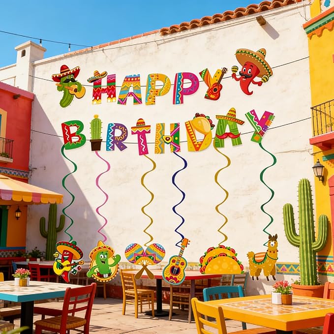Mexican Fiesta Birthday Decorations, Colorful Mexican Banner Cinco De Mayo Garlands Hanging Swirls Decor for Mexico Carnival Taco Birthday Party Supplies (Fiesta)