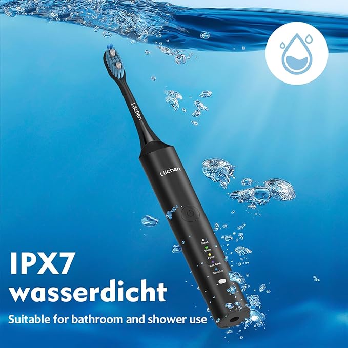 Lächen Electric Toothbrush for Adults – Sonic Rechargeable, 5 Modes & Smart Timer, Travel Case & Wireless Charging, 4 Brush Heads, IPX7 Waterproof (Black)