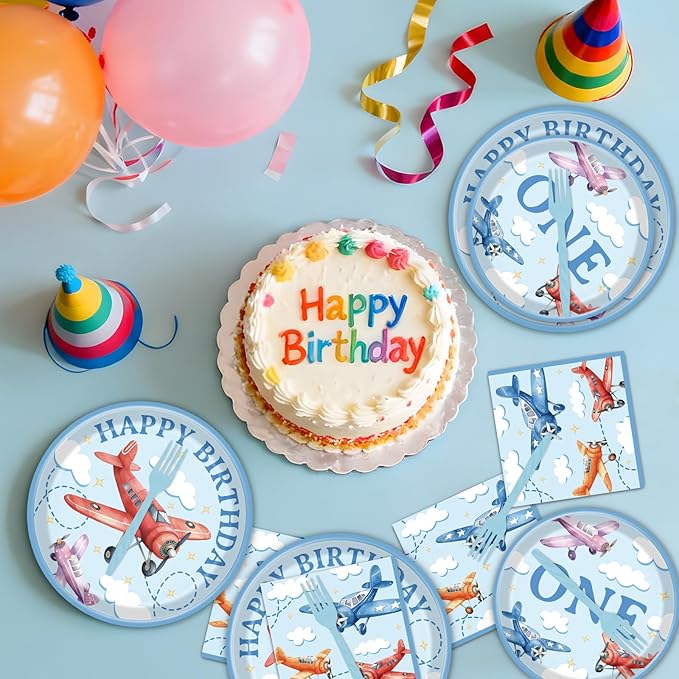 Rakuto Airplane 1st Birthday Party Decorations, 96PCS Time Flis Disposable Paper Plates and Napkins Decorations, Airplane First Birthday Forks Decor Supplies for One Years Old Boys Girls Serve 24