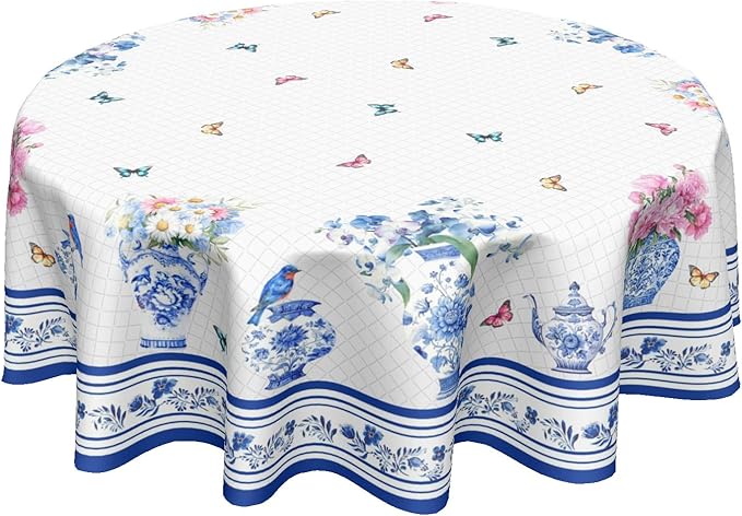 Spring Summer Round Tablecloth Blue Vase Floral Circle Table Cloth 60 Inch Chinoiserie Farmhouse Table Cover Washable Polyester Indoor Decorations for Home Kitchen Dinning Party