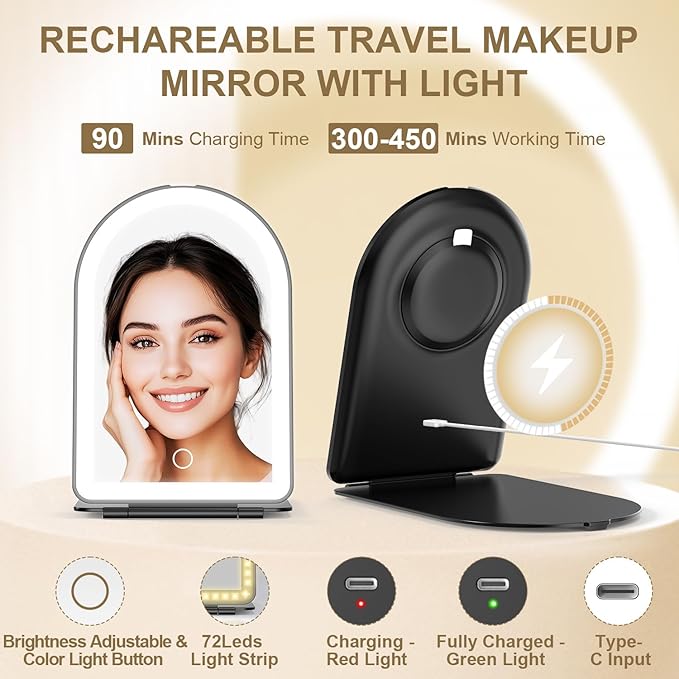 Mocado Travel Makeup Mirror with Light, 1x/10x Magnifying Mirror with Light, 3 Colors Lighted Magnifying Mirror, 2000mAh Rechargeable Lighted Makeup Mirror, Memory Function (Arched-Black)