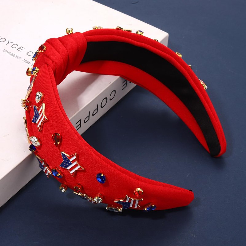 4th of July Headbands for Women, 4th of July Accessories, American Flag Patriotic Headbands, Rhinestone Pearl Knotted Hairbands Beads Embellished Jeweled Headband Holiday Gifts (Star B - Red)