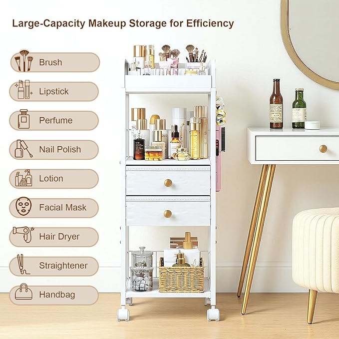 Floor Makeup Organizer with Lockable Wheels & 8 Dividers, 2-Drawer Rolling Skincare Cart for Cosmetics/Perfume/Nail Polish, Mobile Vanity Storage - White (Bathroom/Bedroom Use)