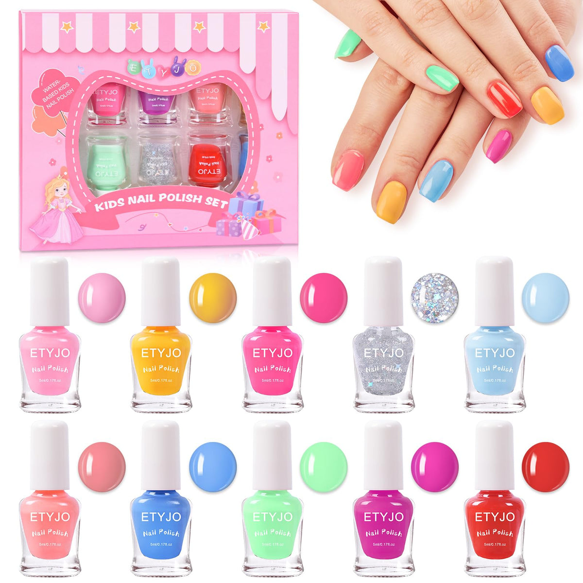 ETYJO Kids Nail Polish Non-Toxic Nail Polish Set for Girls 10 rainbow Colors Water Based Peel Off Quick Dry Nail Polish Kit for Age 3+ Toddler Teen Birthday Gift