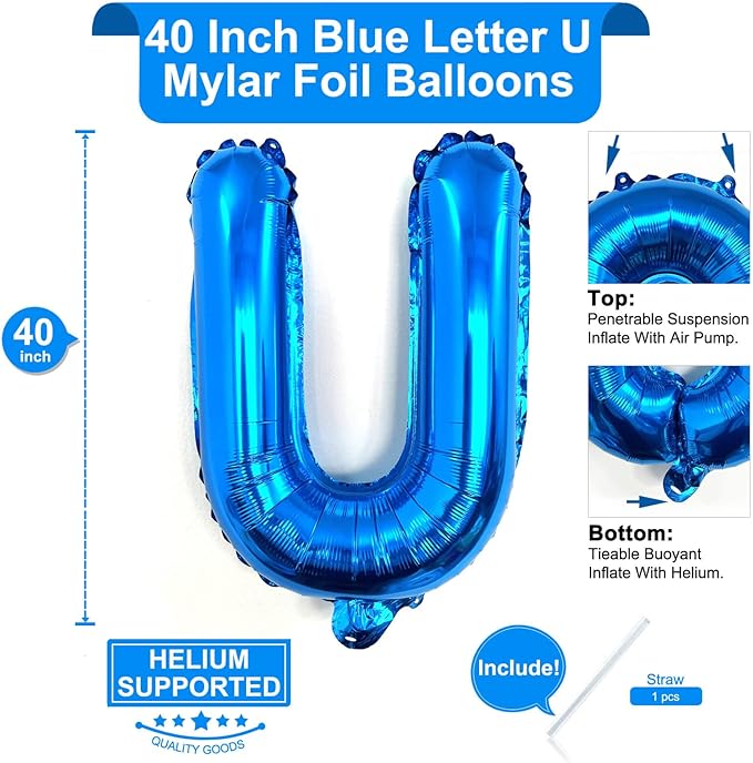 Lovoir 40 Inch Large Blue Letter U Balloons Big Size Jumbo Mylar Foil Helium Balloon for Birthday Party Celebration Decorations Alphabet Blue U