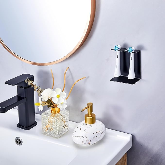Electric Toothbrush Head Holder, Tooth Brushing Holder, Wall Mounted Toothbrush Holders Shower Bathroom, Self Adhesive or Desktop Tooth Brush Holder Organiser (Black, Small)