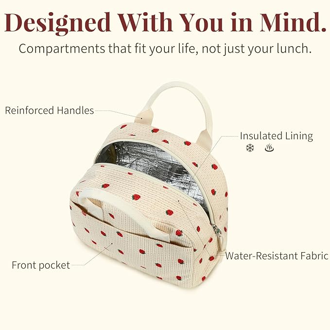 LOVELYWIND Insulated Cloud Blue Lunch Bag for Women, Stylish Corduroy Tote with Aluminum Lining, Large Capacity Reusable Cooler for Work, Travel, Beach or Picnic, Cloud Blue Water-Resistant Lunch Box