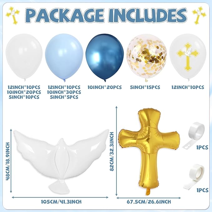 132Pcs First Holy Communion Blue Balloon Garland Arch Kit God Bless Baptism Party Decoration Christian Religious Decor Cross Dove Balloon Girl Mi Bautizo Christening Birthday Baby Shower Party Supplie