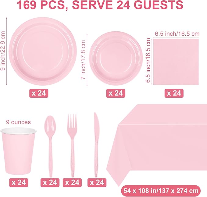 Kochorie 169 Pieces Light Pink Party Supplies Disposable Dinnerware Set Include Plates and Cups Napkins Plastic Forks Knives Spoons Tablecloth for Wedding Birthday Party Decorations, Serve 24 Guests