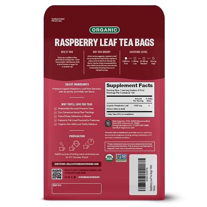 FGO Organic Red Raspberry Leaf Tea Bags, 100 Eco-Conscious Tea Bags, Caffeine Free, Imported from Germany, Reseable Bag, Packaging May Vary (Pack of 1)