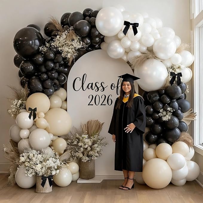 Black White Balloon Arch, Double Stuffed Pearl White Black Bow Balloon Garland Cream Ivory Sand Latex Balloons for Birthday Wedding Bridal Shower Engagement New Year Party Decorations