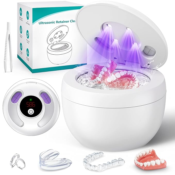 Upgraded Ultrasonic Retainer Cleaner Machine, 45kHz Ultrasonic Dentures Cleaner for Night Guards, Braces, Aligner, Toothbrush, Jewelry and More, 200ML Capacity, White