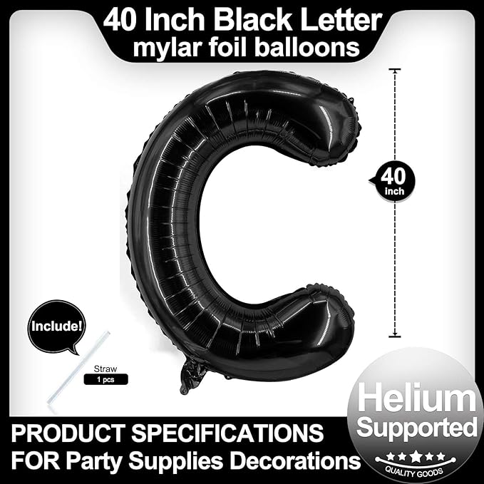 40 Inch Black Letter C Balloons, DIY Phrase Foil Alphabet Letter C Balloons DIY Word C Banner for Birthday Anniversary Celebration Graduation Party Supplies Decoration