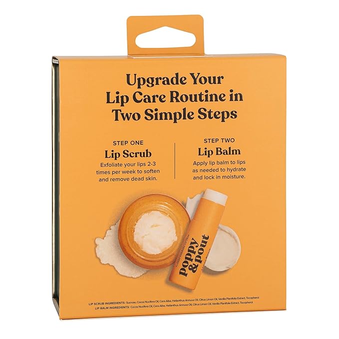 Poppy & Pout Lip Care Set | Lip Balm & Scrub | Sustainable Cardboard Tubes & Glass Jars, All Natural, Beeswax, Coconut Oil, Cruelty Free, Exfoliating & Moisturizing Lip Treatment (Lemon Bloom)