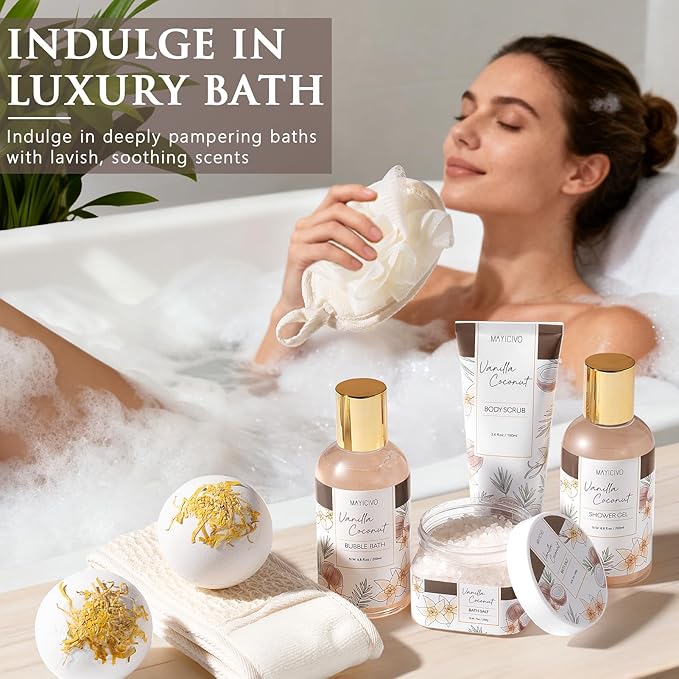 Birthday Gifts for Women, Vanilla Coconut Relaxing Spa Gift Baskets for Women Self Care Package Bath Gift Set, Home Bath and Body Kit Pamper Valentines Day Gifts for Her Womens Mom Friends Sister Wife