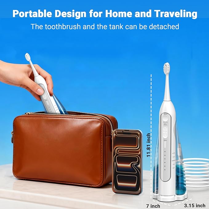Electric Toothbrush with Water Flosser, 3-in-1 Sonic Modes, 5 Flossing Speeds with 2 Brushes + 2 Nozzles, Portable Flossing Toothbrush Combo for Adults Teeth Cleaning Kit for Travel (White)