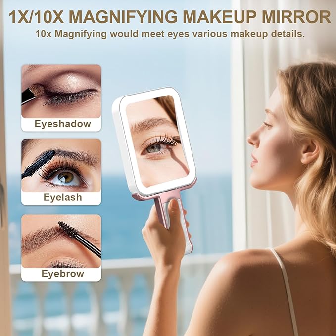 Mocado Travel Makeup Mirror with Lights,10X/1X Magnifying Mirror with Light, Double Sided Travel Mirror with 3 Color Light,Dimmable Touch,Lighted Makeup Mirror for Tabletop,Handheld,Hanging(Rose Pink)