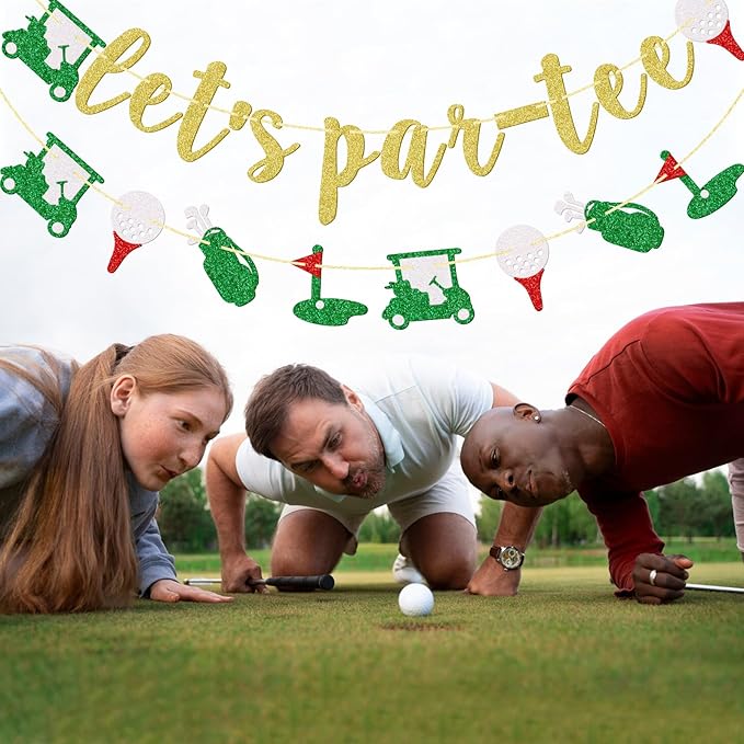 Little Man Let's Par-Tee Banner, Golf Themed Birthday Banner, Retirement Party Decor for Golf Lover, Golf Party Decorations, Gold Glitter