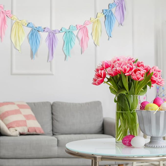 VitalCozy 1 Pcs Easter Pastel Bow Garland Banner - Silk Satin Ribbon Hanging Party Bow Garland Decoration for Easter Birthday Baby Shower Wedding Party Supplies
