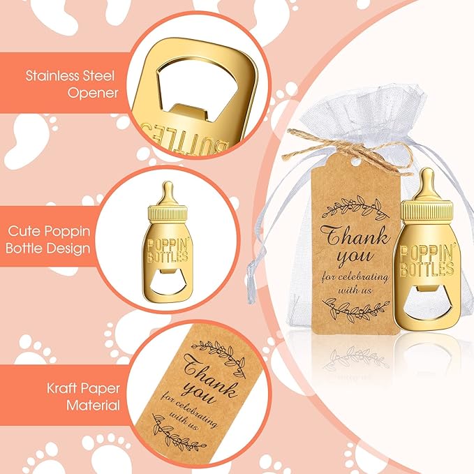 CHENGU Popping Bottle Openers Baby Shower Return Favors for Guests Bottle Opener Decorations and Souvenirs with Organza Bags Thank You Tags for Theme Party Favors (Retro Style,151 Pieces)